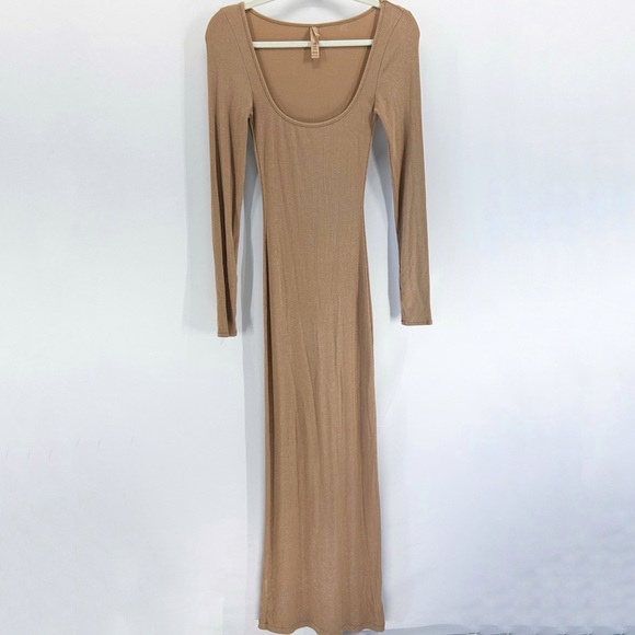 Skims Soft Lounge Long sleeve Stretch-jersey Maxi Dress Camel Glitter X-Small - Picture 1 of 7